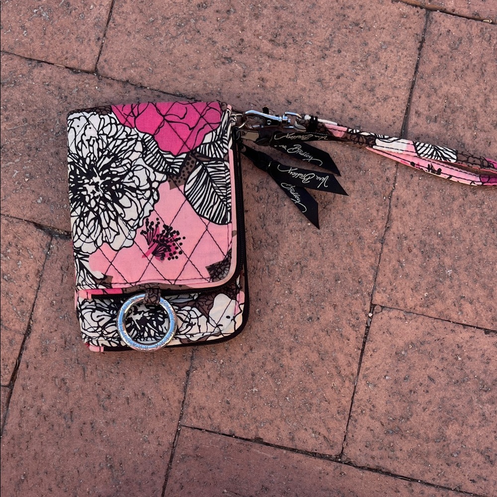 Vera Bradley Wallet Mocha Rouge Double ID Wristlet Pink Floral Strap